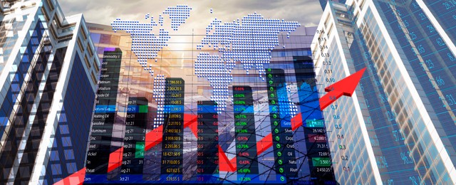 Image of Stock exchange concept. Modern buildings, world map, data and arrow, multiple exposure. Banner design