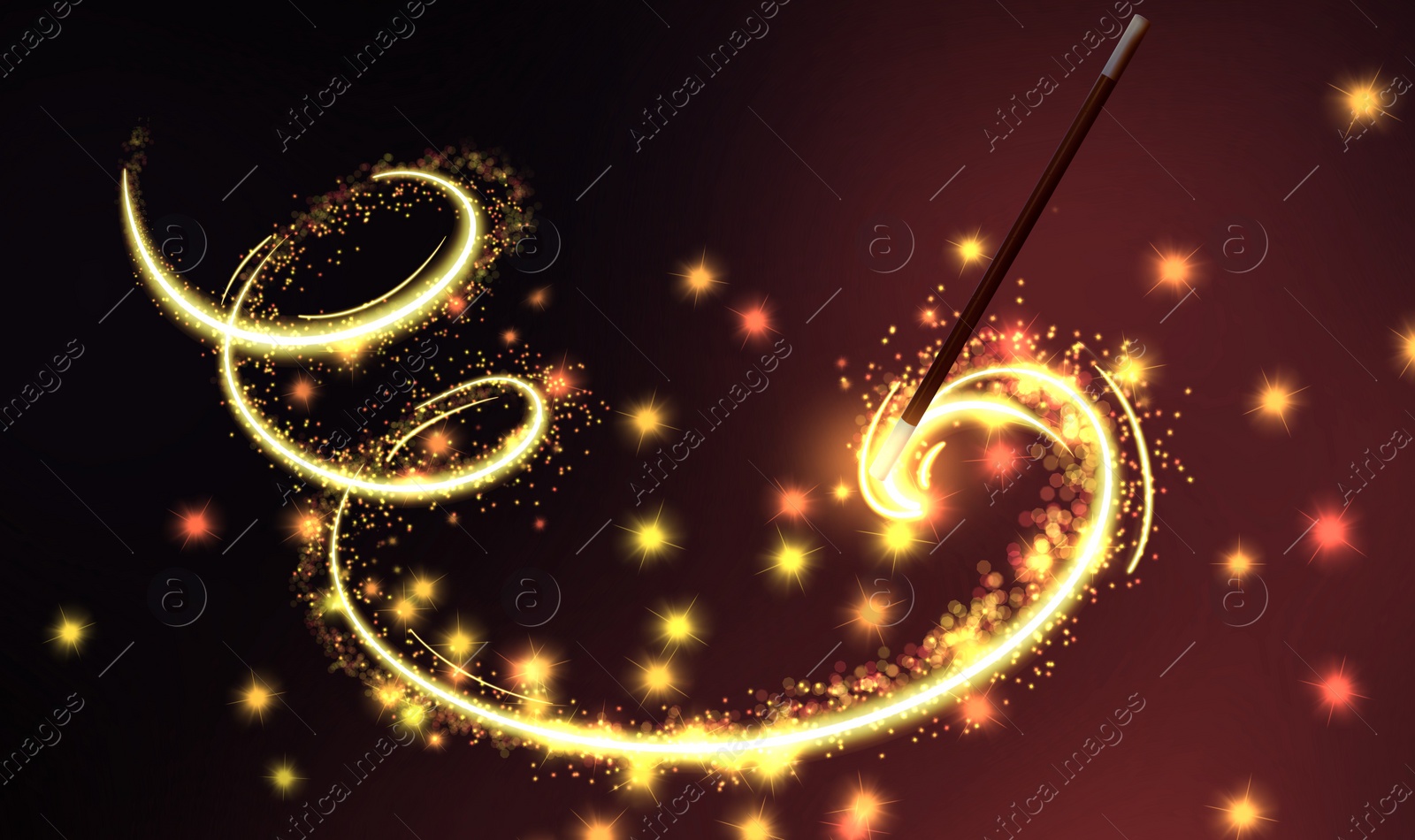 Image of Conjuring spell with magic wand on red gradient background