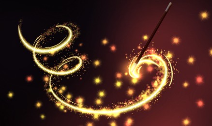 Conjuring spell with magic wand on red gradient background