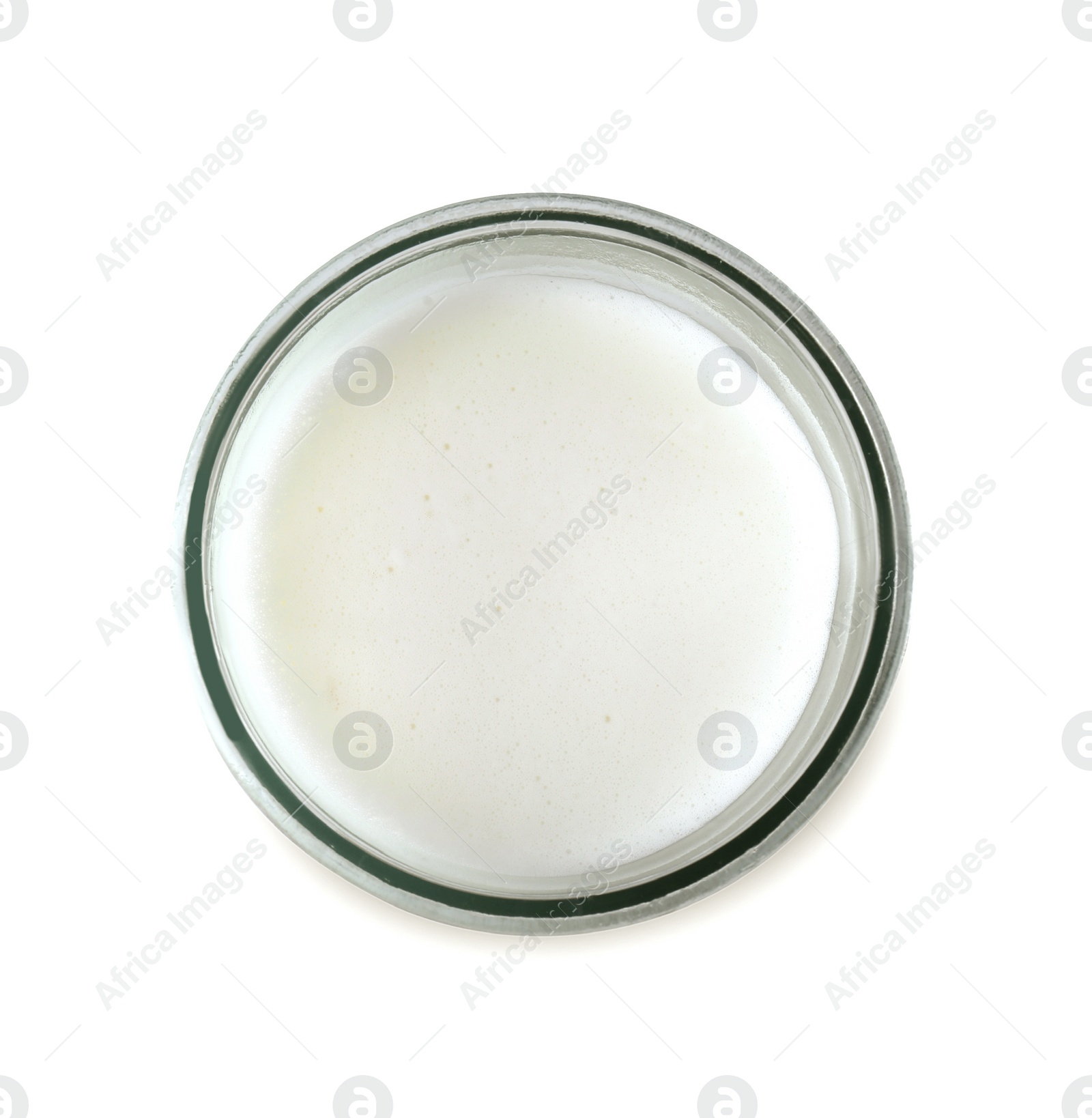 Photo of Glass of fresh milk isolated on white, top view