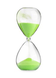 Photo of Hourglass with light green flowing sand isolated on white