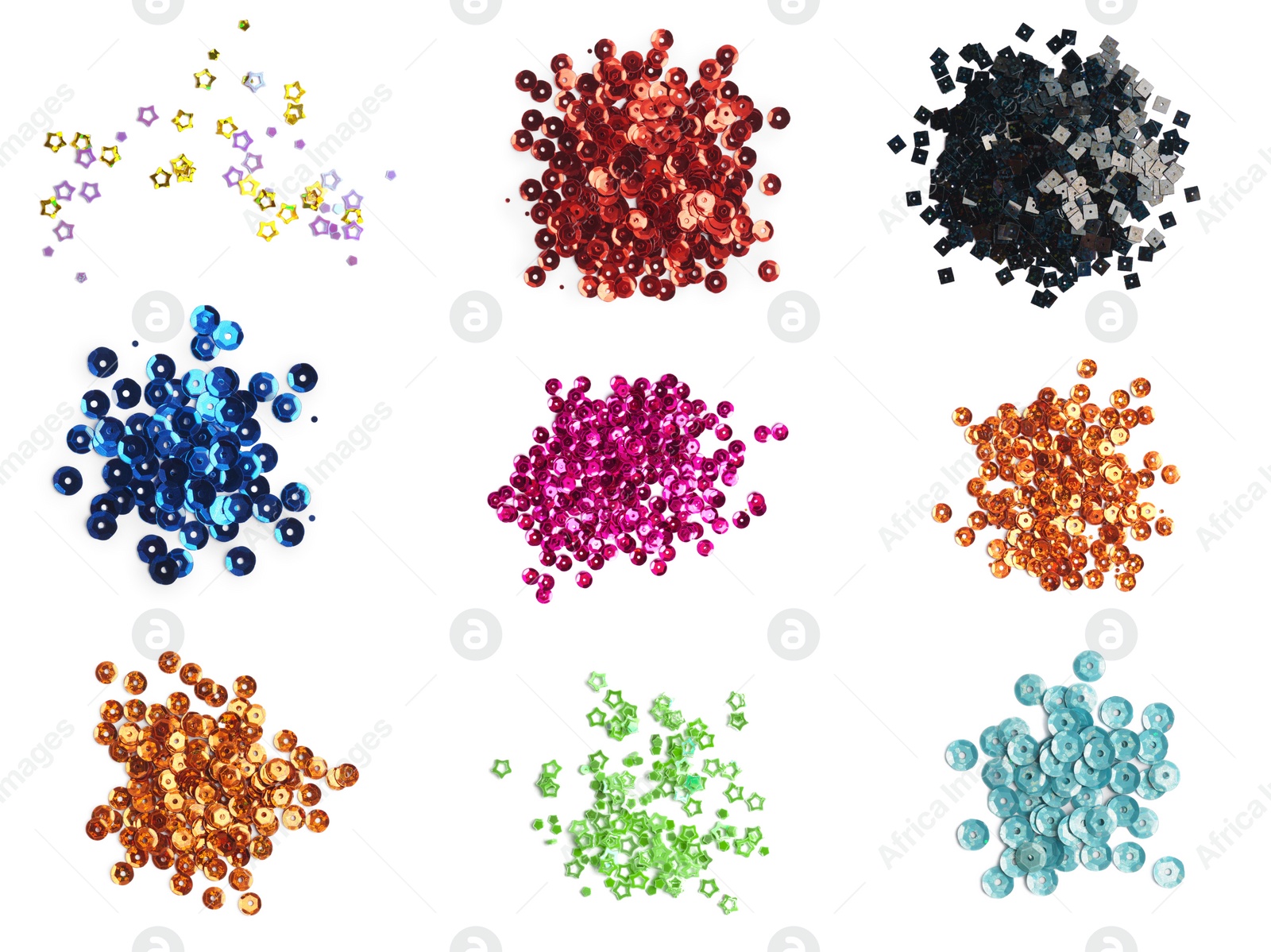 Image of Set of different shiny sequins on white background, top view