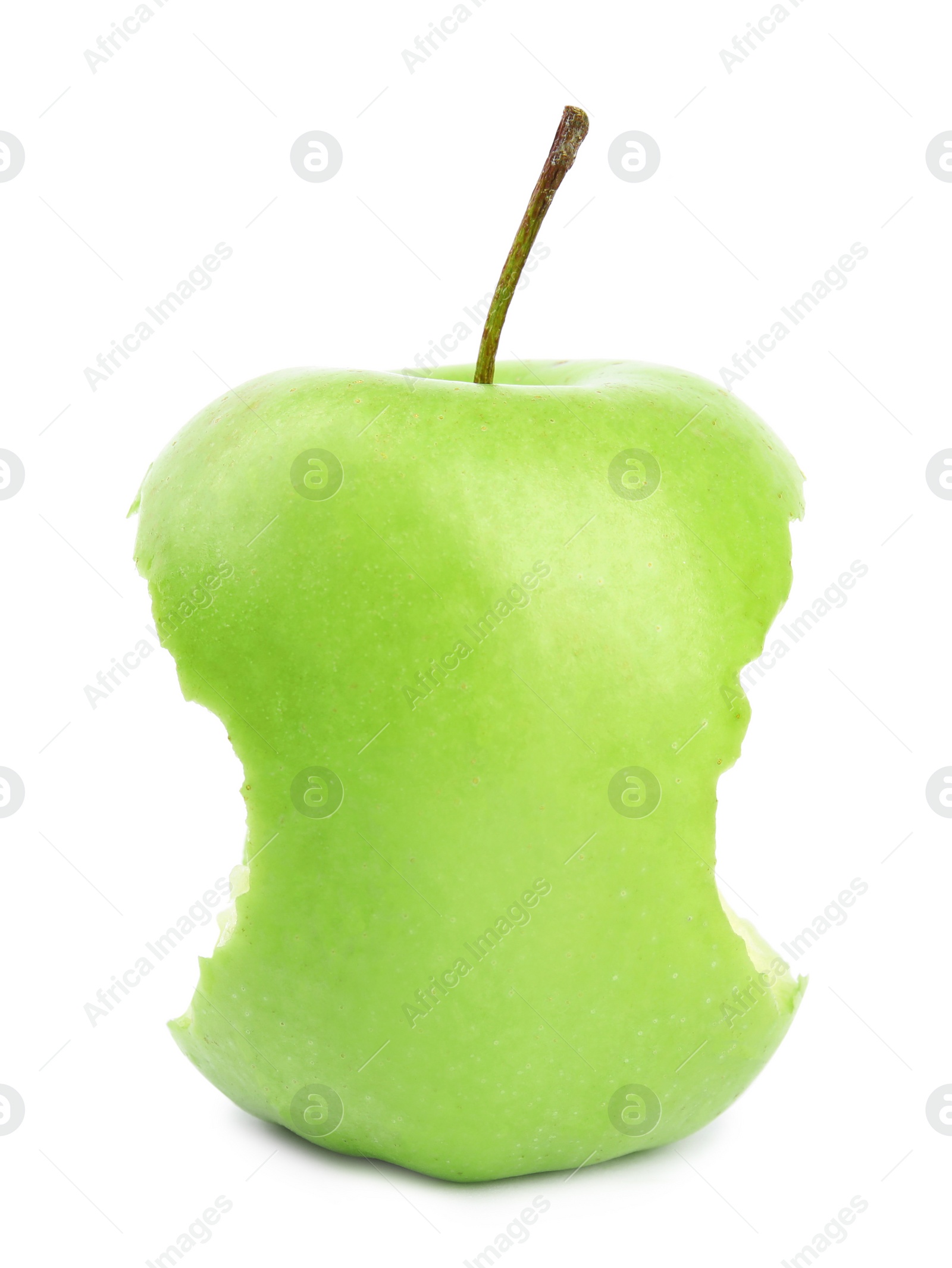 Photo of Fresh ripe green apple with bite mark on white background