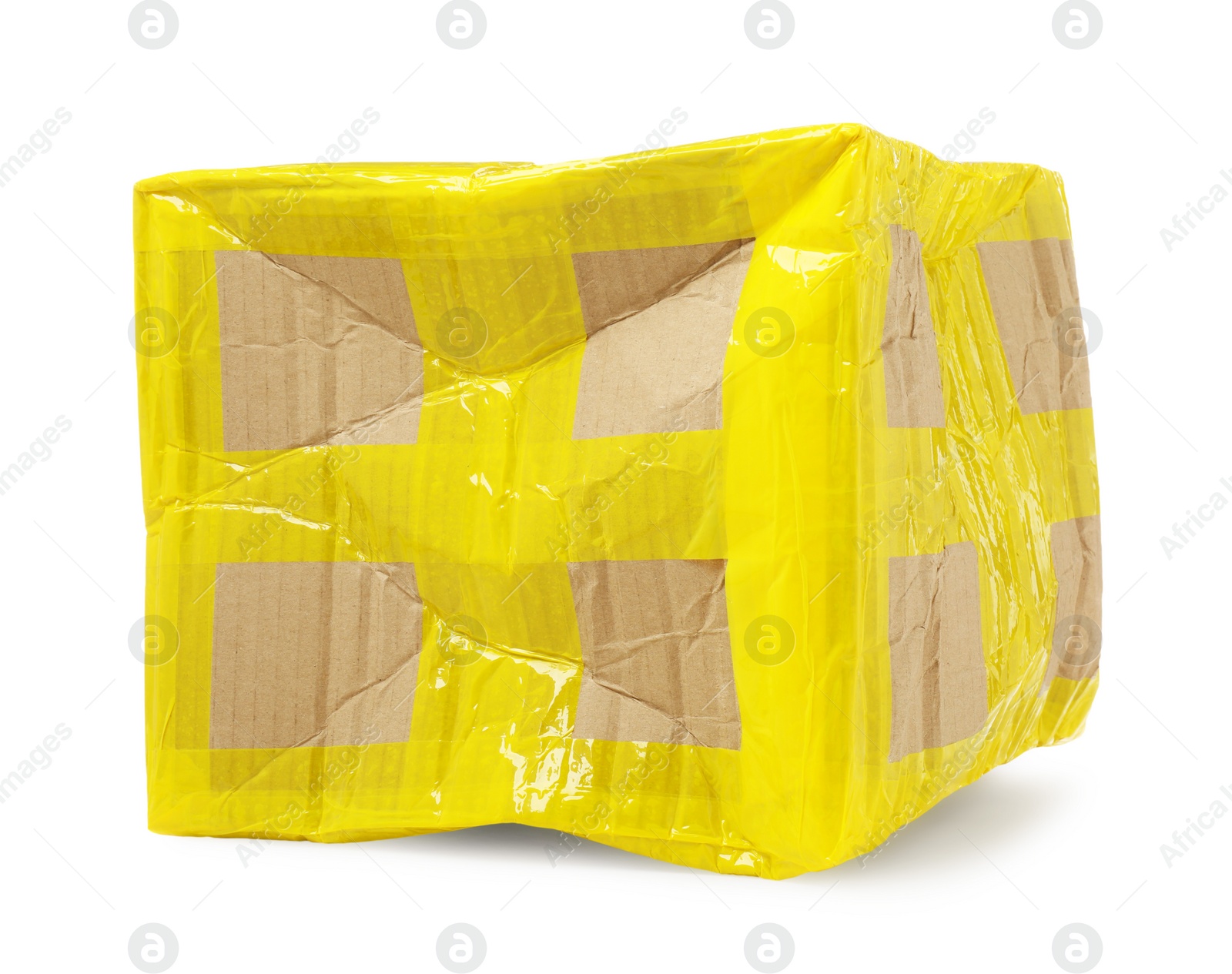 Photo of Crumpled cardboard parcel box with yellow sticky tape on white background