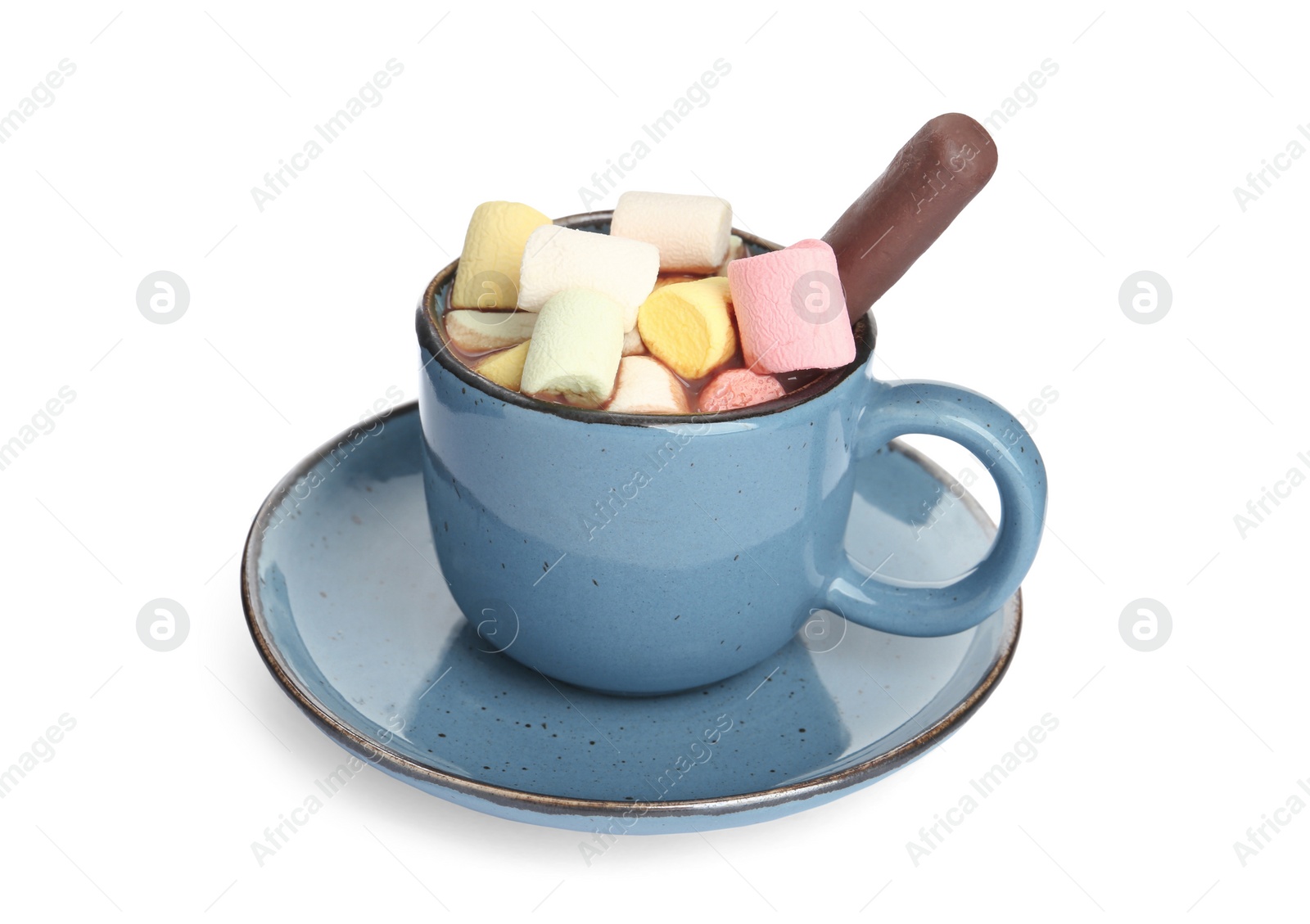 Photo of Cup of delicious hot chocolate with marshmallows isolated on white