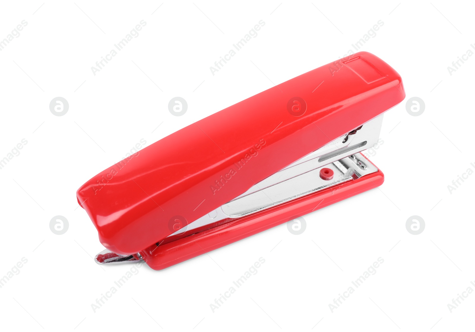 Photo of One new red stapler isolated on white