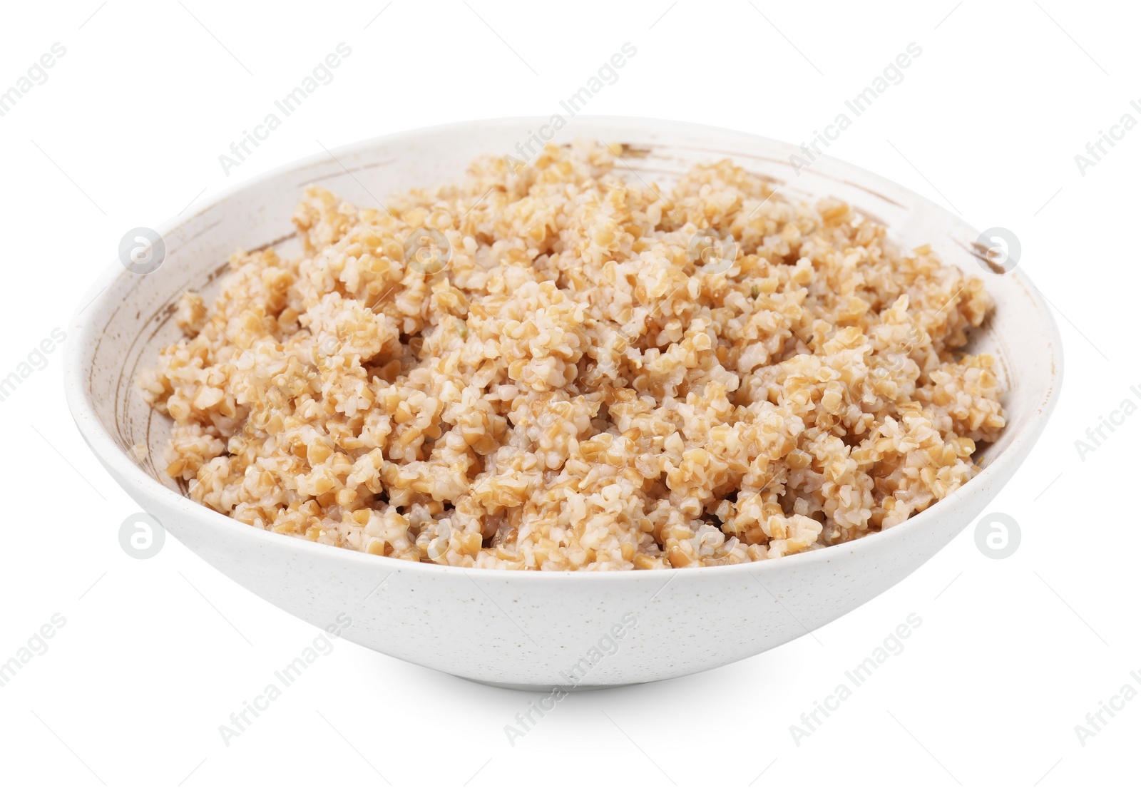 Photo of Tasty wheat porridge in bowl isolated on white