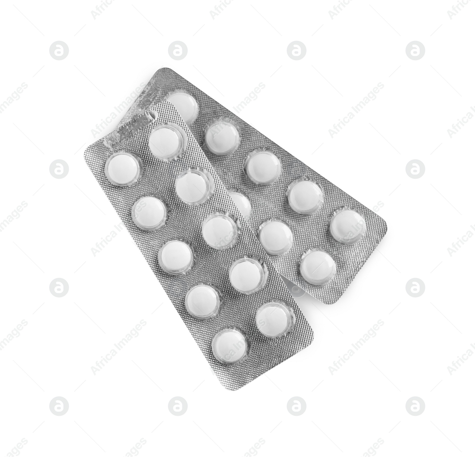 Photo of Blisters of pills on white background, top view