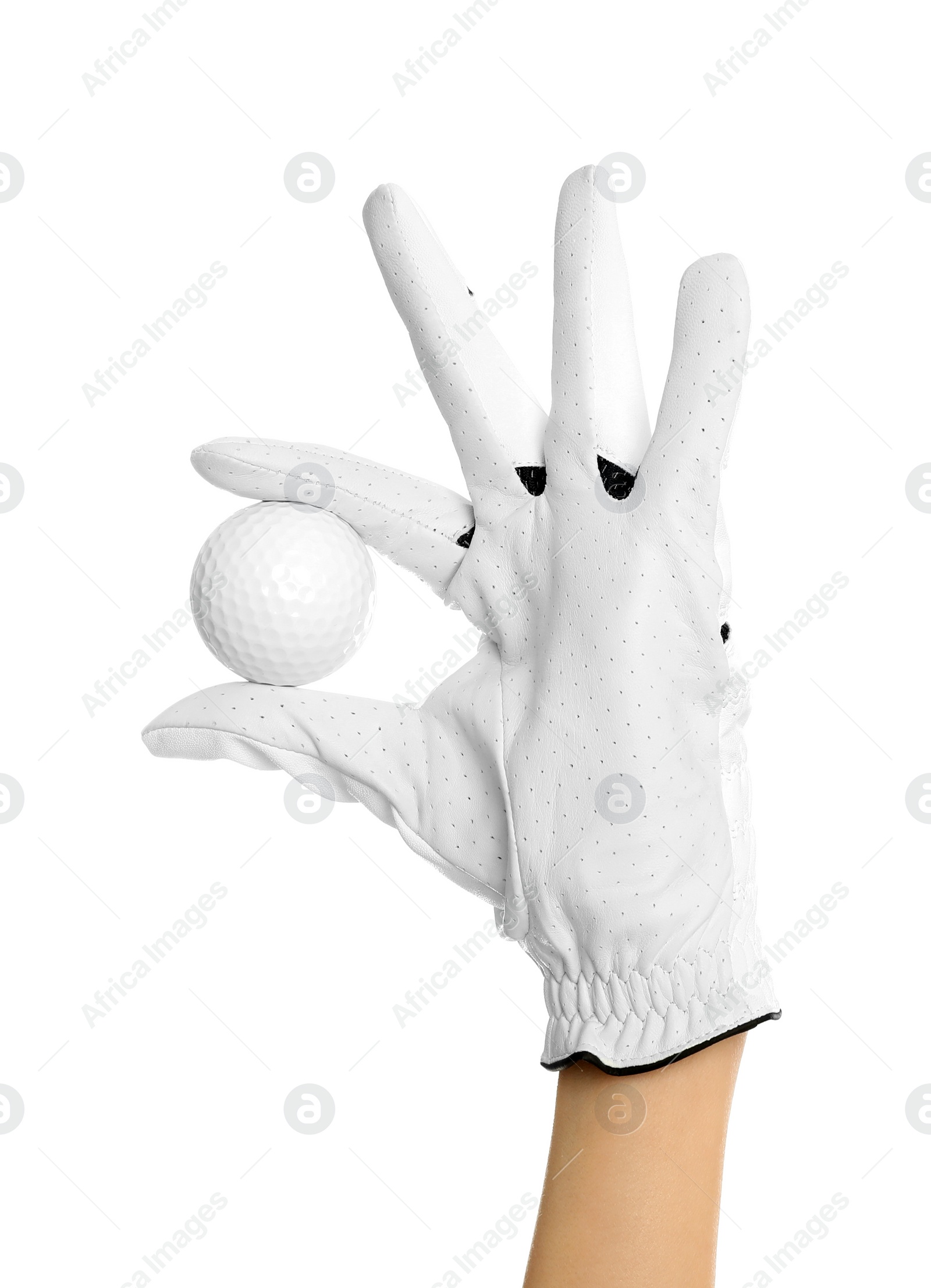 Photo of Woman holding golf ball on white background, closeup