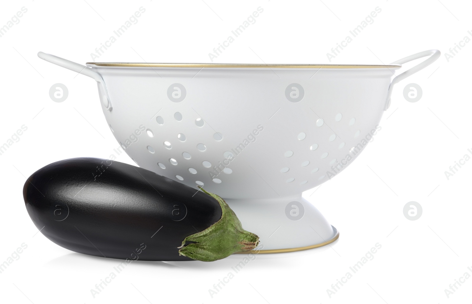 Photo of Colander with fresh eggplant isolated on white