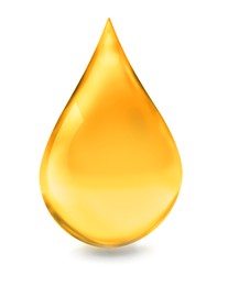 Drop of golden oily liquid on white background