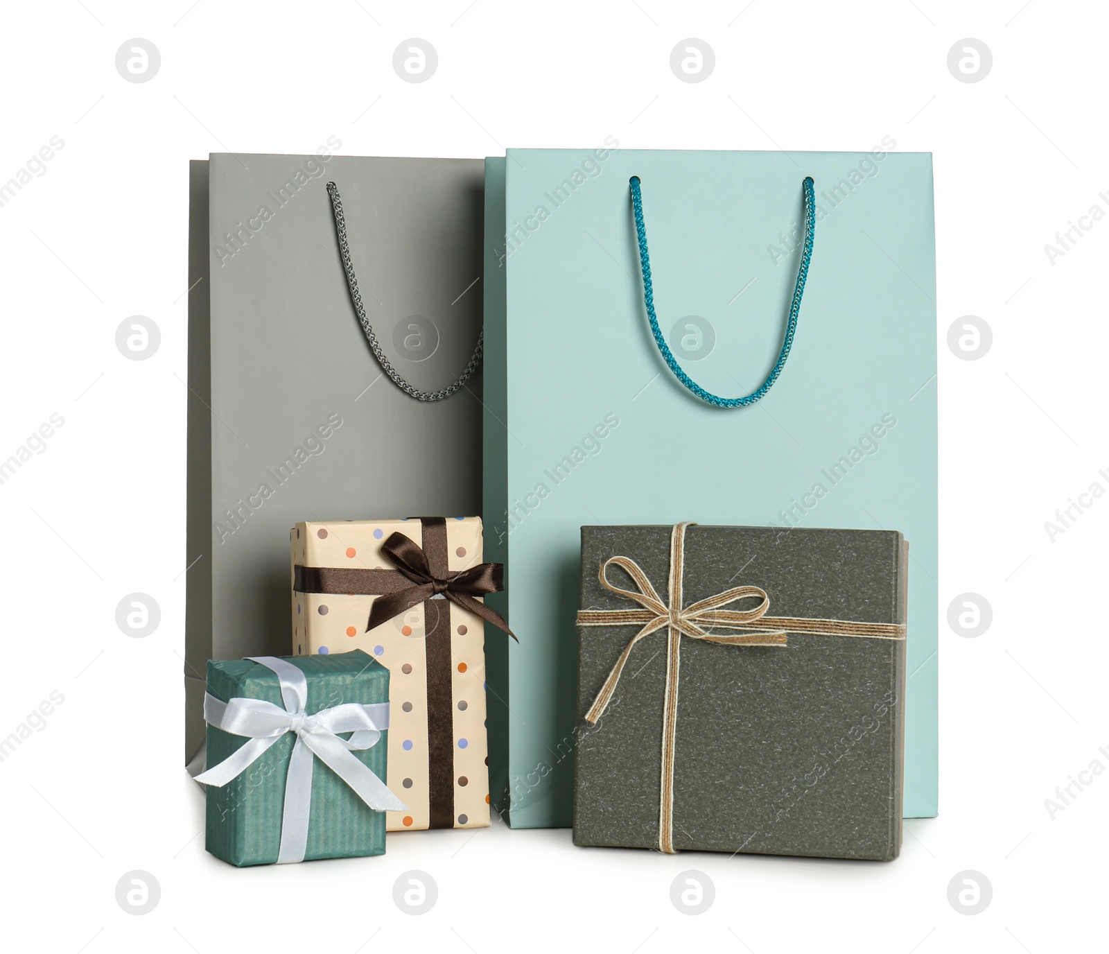 Photo of Paper bags and gift boxes isolated on white