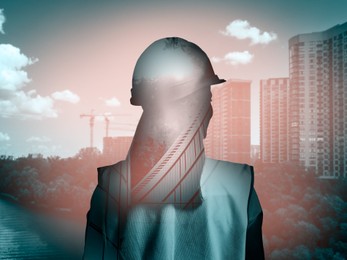 Image of Engineer in hard hat and cityscapes, multiple exposure