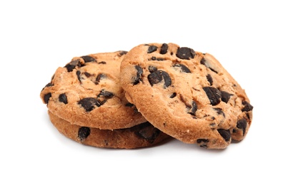 Photo of Delicious chocolate chip cookies on white background