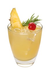 Glass of tasty pineapple cocktail with rosemary and cherry isolated on white