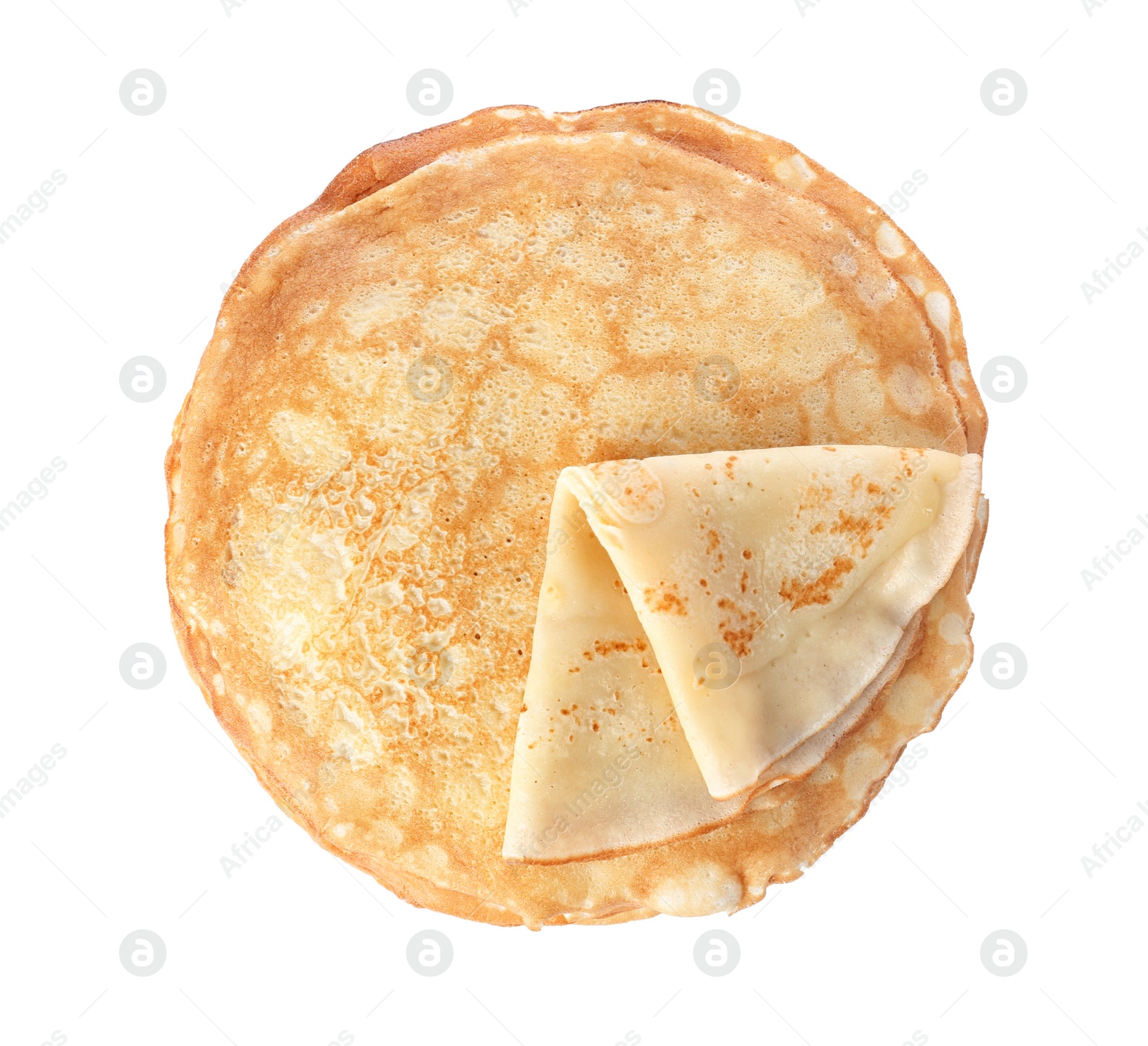 Photo of Tasty thin pancakes on white background, top view