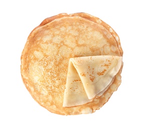 Photo of Tasty thin pancakes on white background, top view