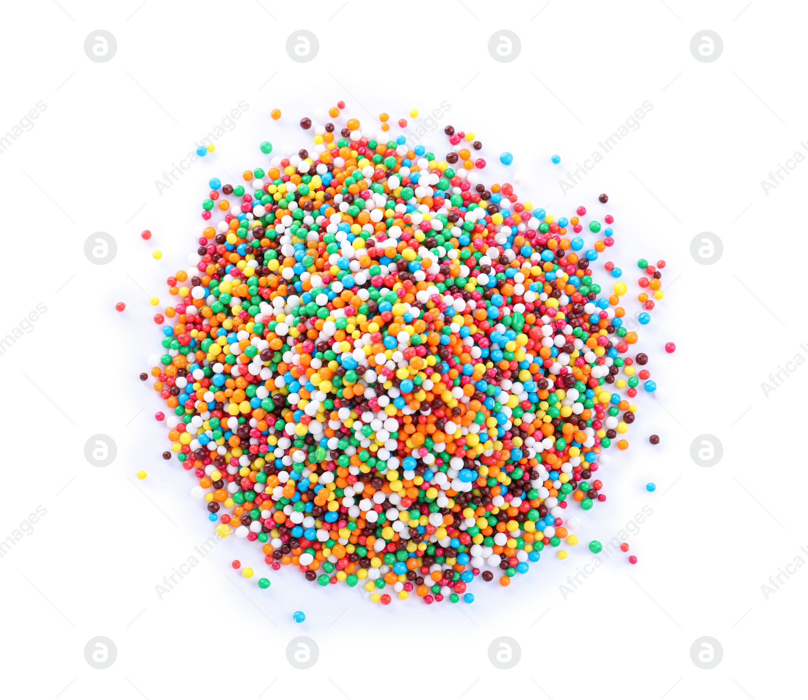 Photo of Colorful sprinkles on white background, top view. Confectionery decor