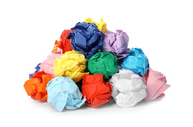 Photo of Pile of colorful crumpled sheets of paper isolated on white