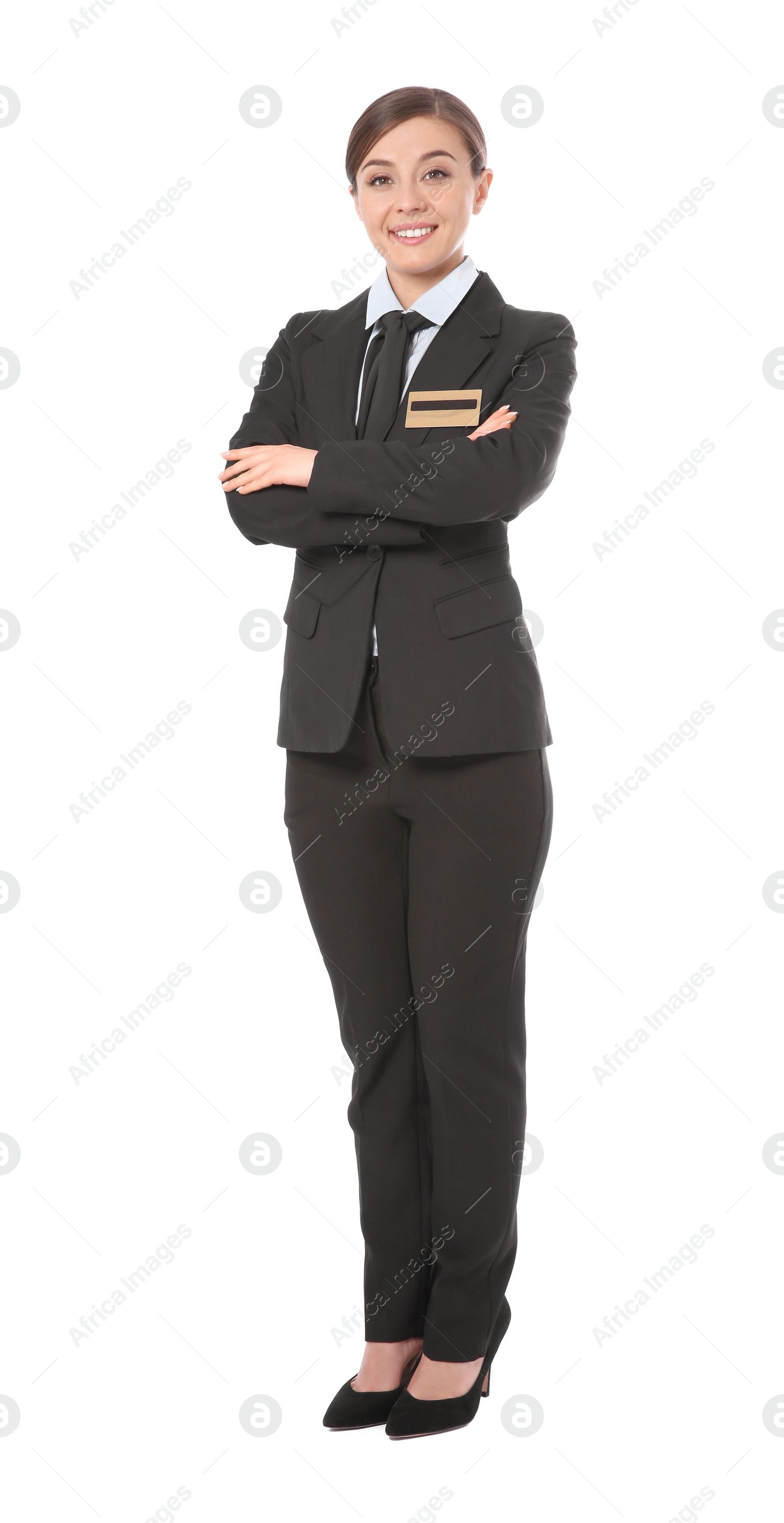 Photo of Portrait of female receptionist on white background