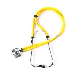 Photo of Stethoscope on white background, top view. Medical device