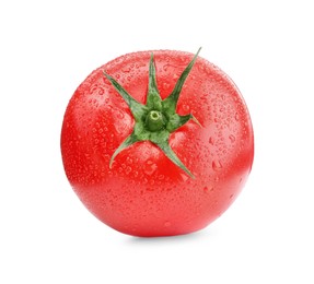 Photo of One red ripe tomato with water drops isolated on white