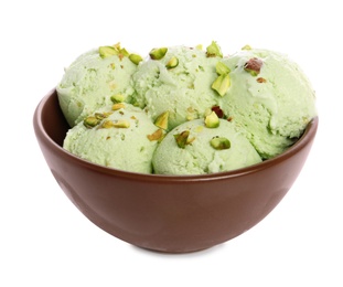 Photo of Bowl of sweet pistachio ice cream on white background