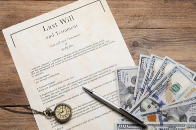 Photo of Last Will and Testament, pocket watch, dollar bills and pen on wooden table, flat lay