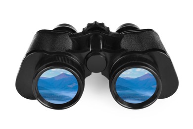 Image of Binoculars on white background. Mountain landscape reflecting in lenses
