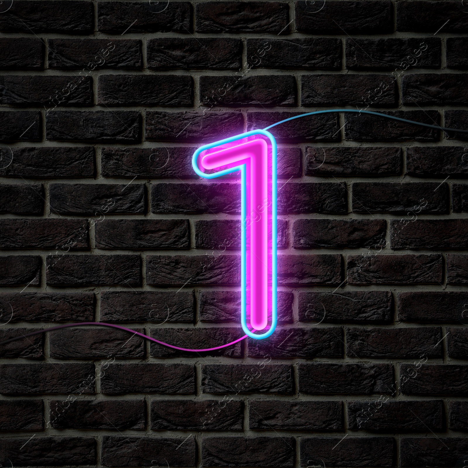 Image of Glowing neon number 1 sign on brick wall