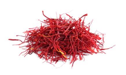 Photo of Heap of aromatic saffron on white background