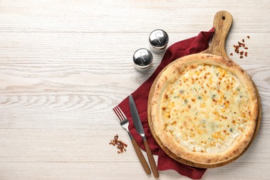 Photo of Delicious cheese pizza served on white wooden table, flat lay. Space for text