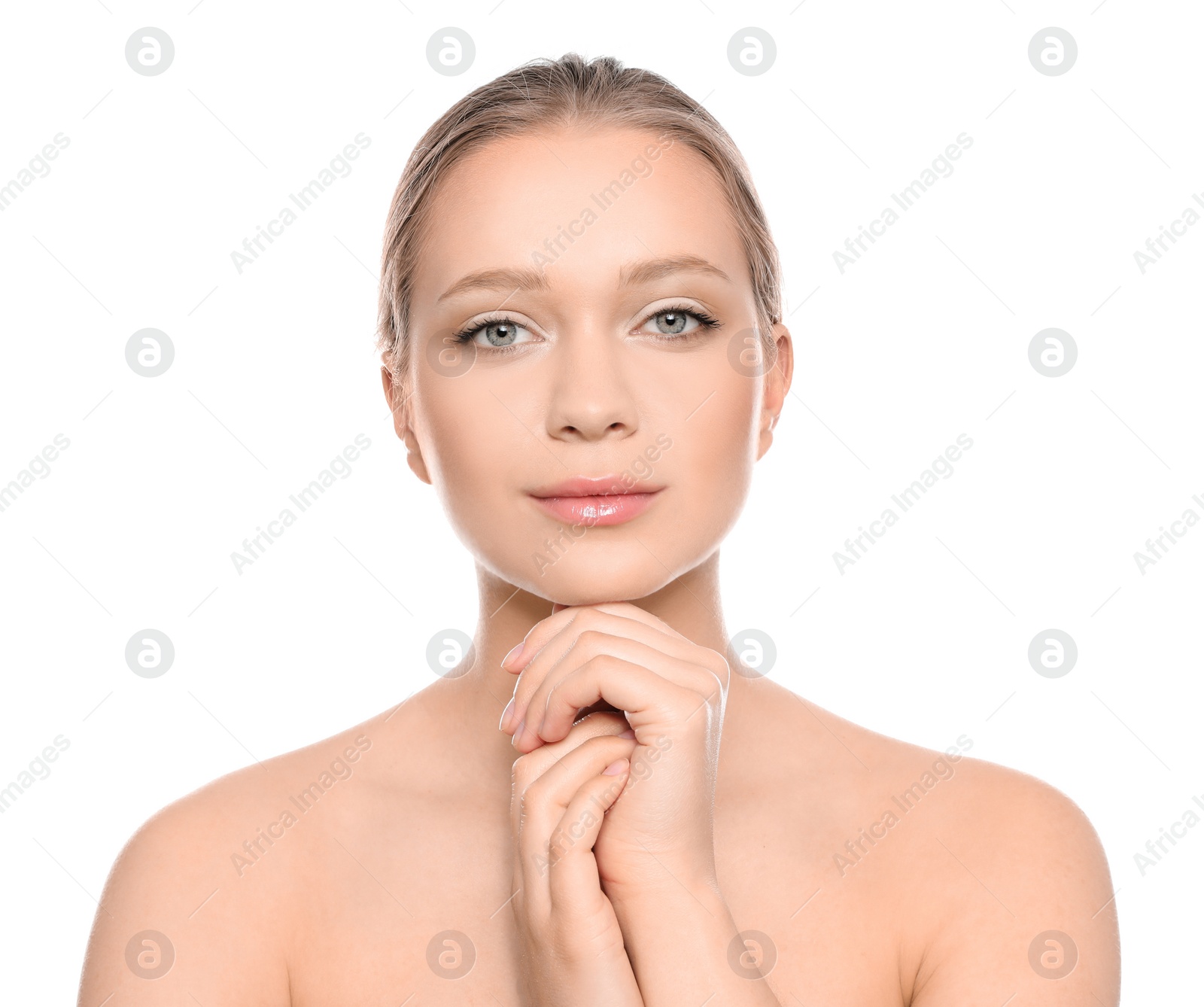 Photo of Portrait of young woman with beautiful face on white background