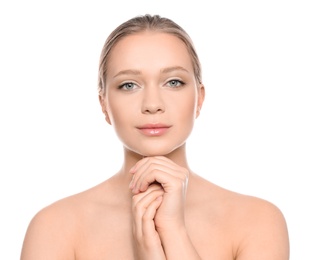 Portrait of young woman with beautiful face on white background