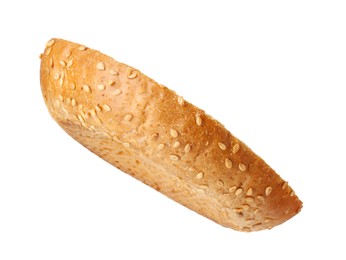 Photo of Half of fresh burger bun with sesame seeds isolated on white