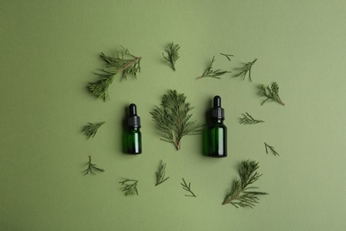 Photo of Little bottles with essential oils among pine branches on color background, flat lay