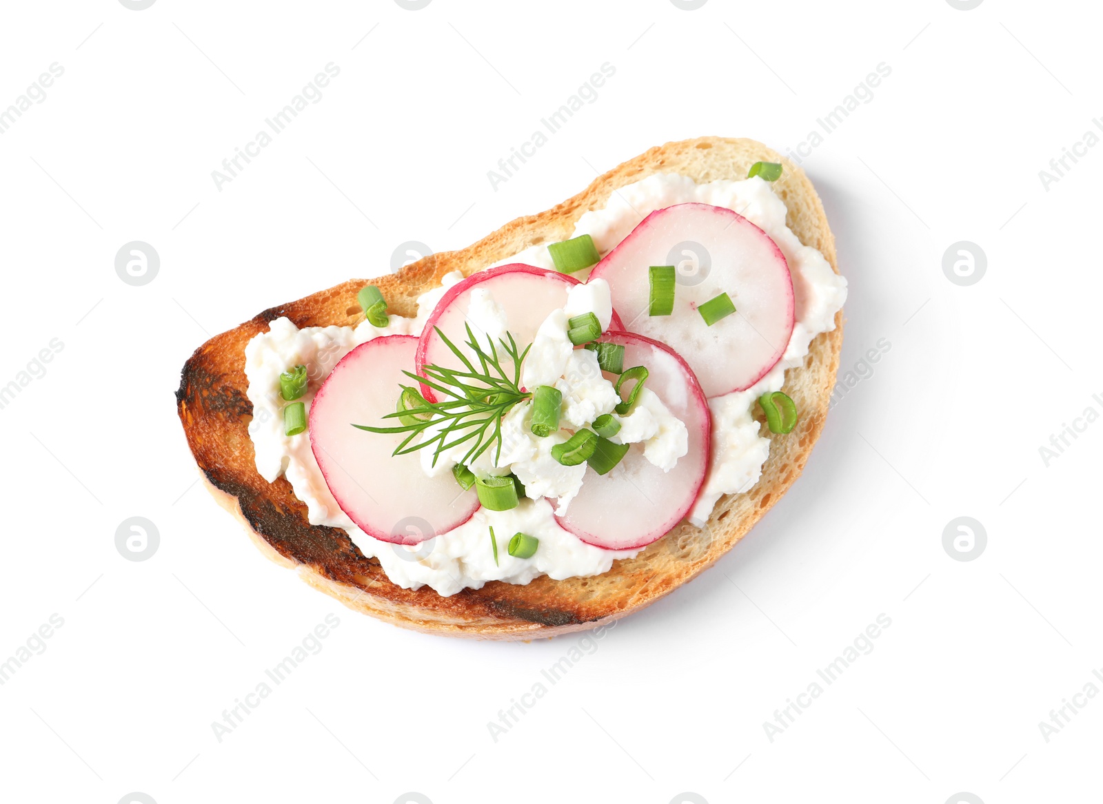 Photo of Tasty bruschetta with radish and herbs on white background, top view