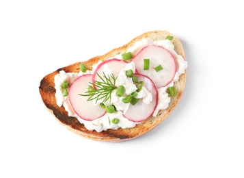 Tasty bruschetta with radish and herbs on white background, top view