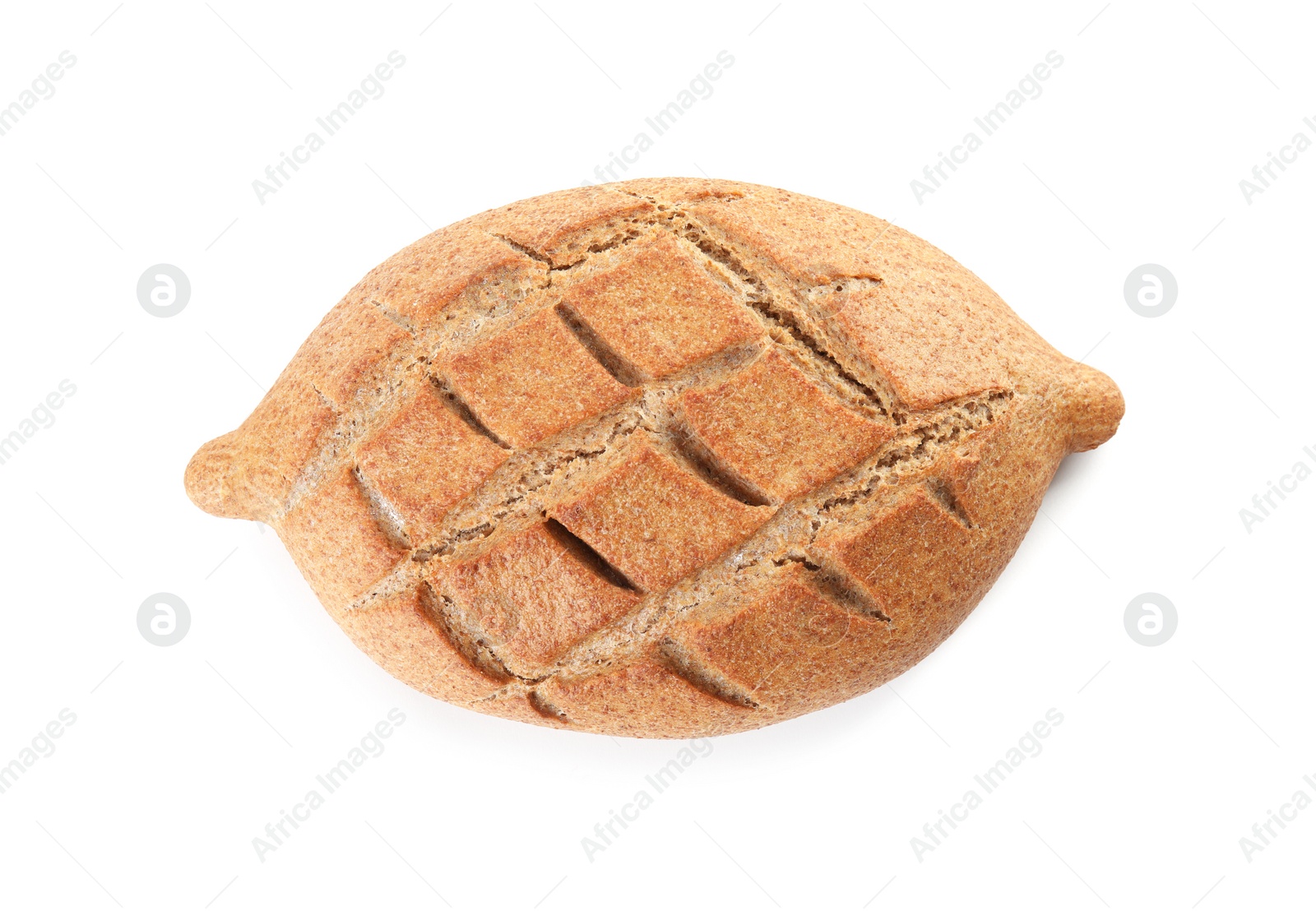 Photo of Loaf of fresh bread isolated on white, top view