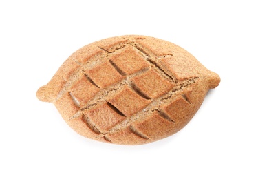 Photo of Loaf of fresh bread isolated on white, top view