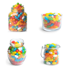 Image of Set of delicious jelly candies on white background