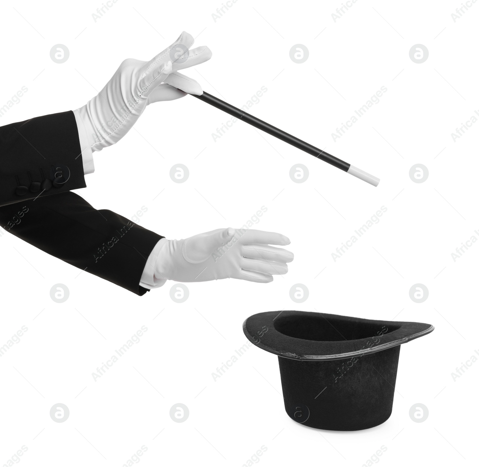 Image of Magician showing trick with wand and top hat on white background, closeup