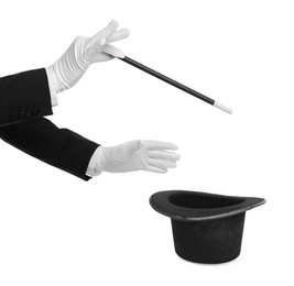 Magician showing trick with wand and top hat on white background, closeup