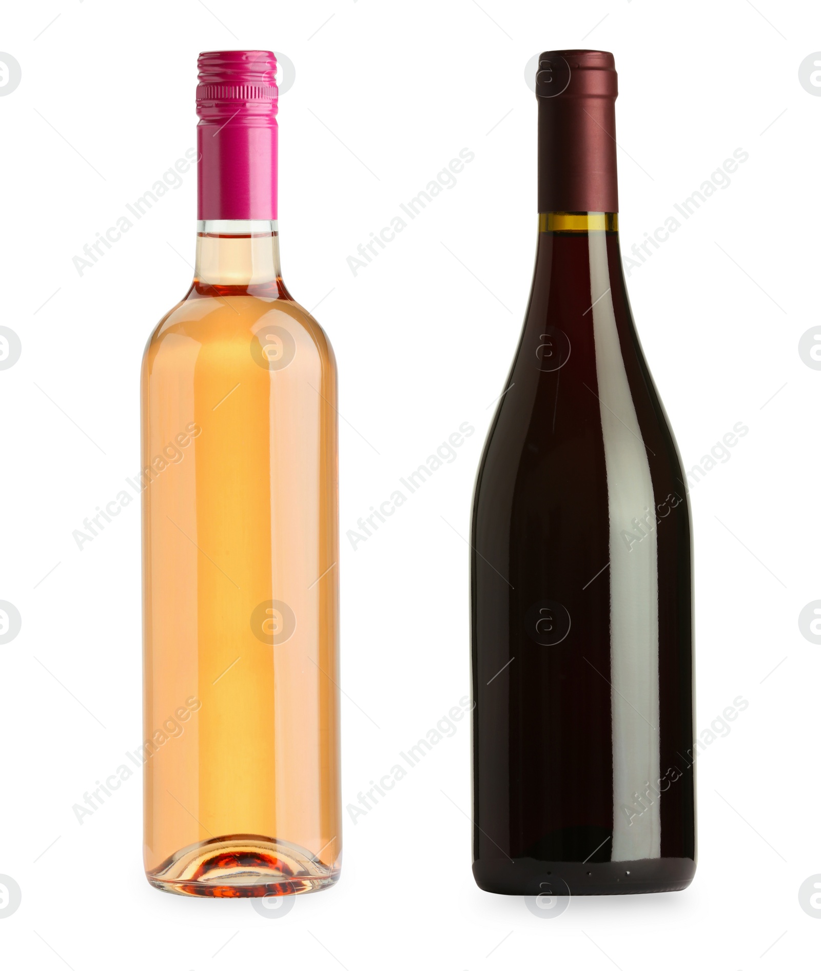 Image of Bottles of rose and red wine isolated on white