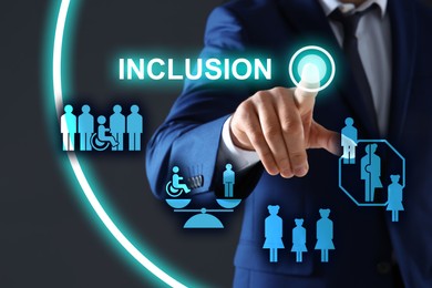 Image of Concept of DEI - Diversity, Equality, Inclusion. Virtual screen with different icons and businessman on grey background, closeup