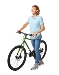 Photo of Happy young man with bicycle on white background