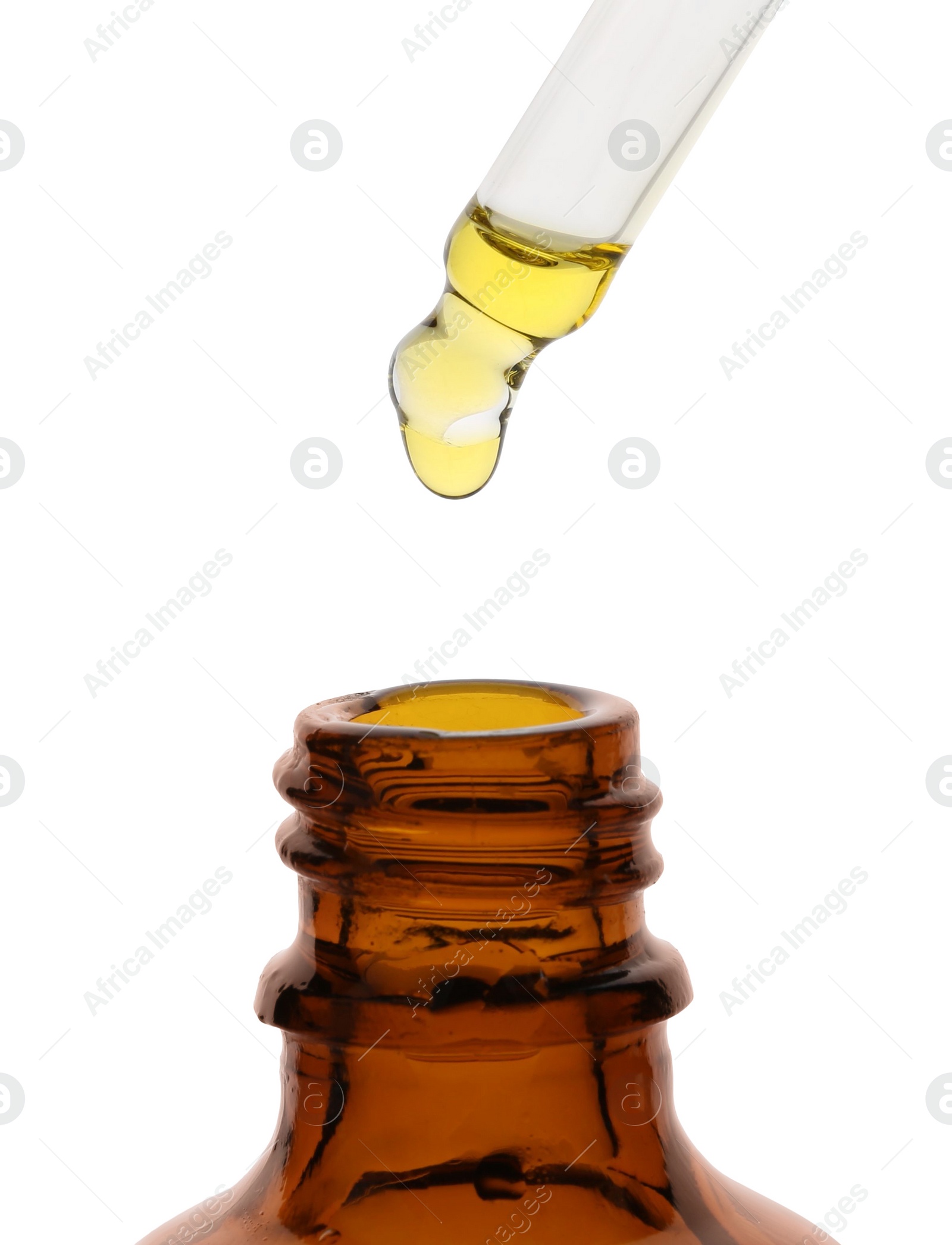 Photo of Dripping tincture from pipette into bottle isolated on white