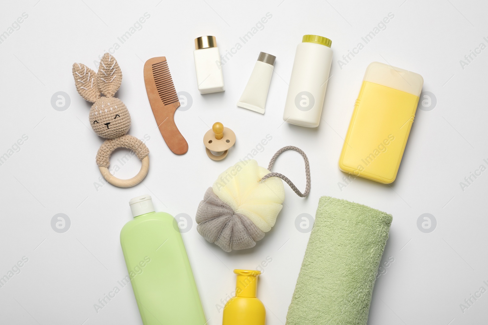 Photo of Flat lay composition with baby cosmetic products on white background