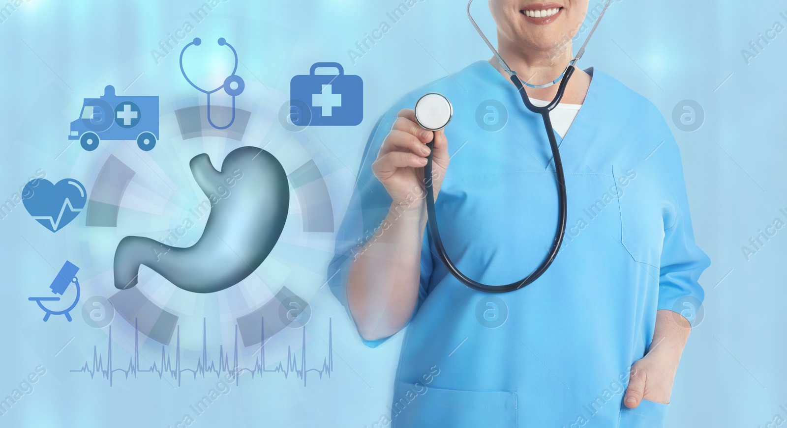 Image of Illustration of stomach and mature doctor with stethoscope on light blue background, closeup. Banner design