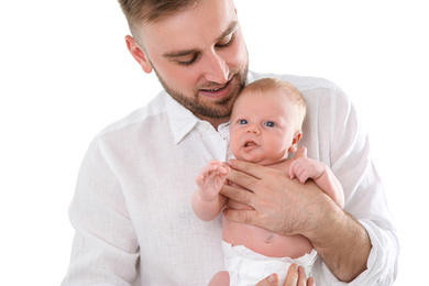 Photo of Father with his newborn son on light background